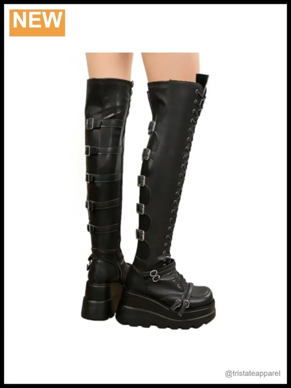 Goth Punk Thigh High Boots Women Over Knee Motorcycle Lace Up Chunky Heel